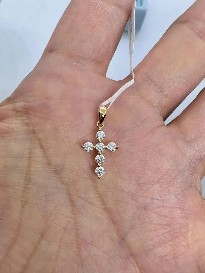 1Ct Round Cut Real Moissanite Cross Pendant 14K Yellow Gold Plated Silver