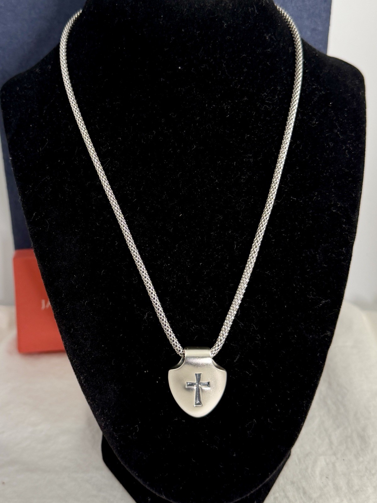 JAMES AVERY Sterling Silver Shield Faith Cross Pendant Popcorn Necklace; RETIRED