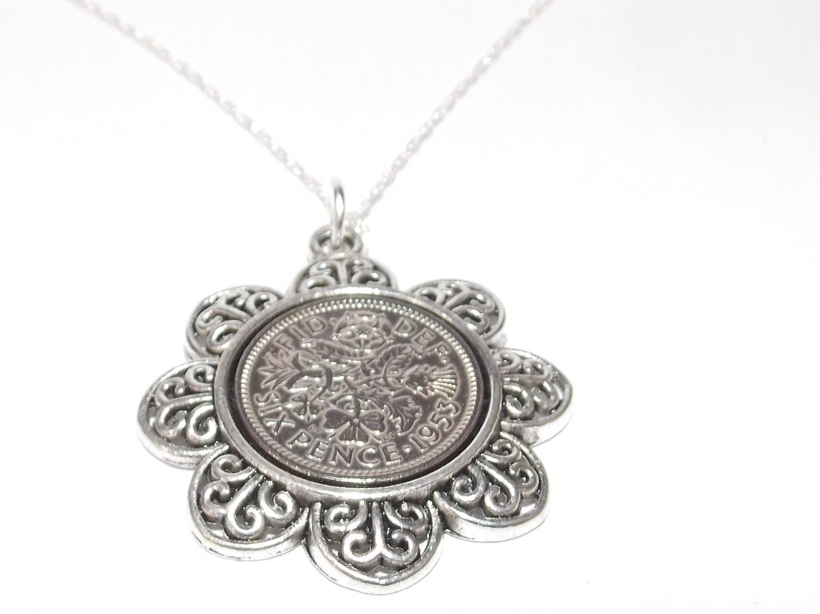 60th Sixpence Birthday / Anniversary sixpence coin Floral pendant plus 18inch