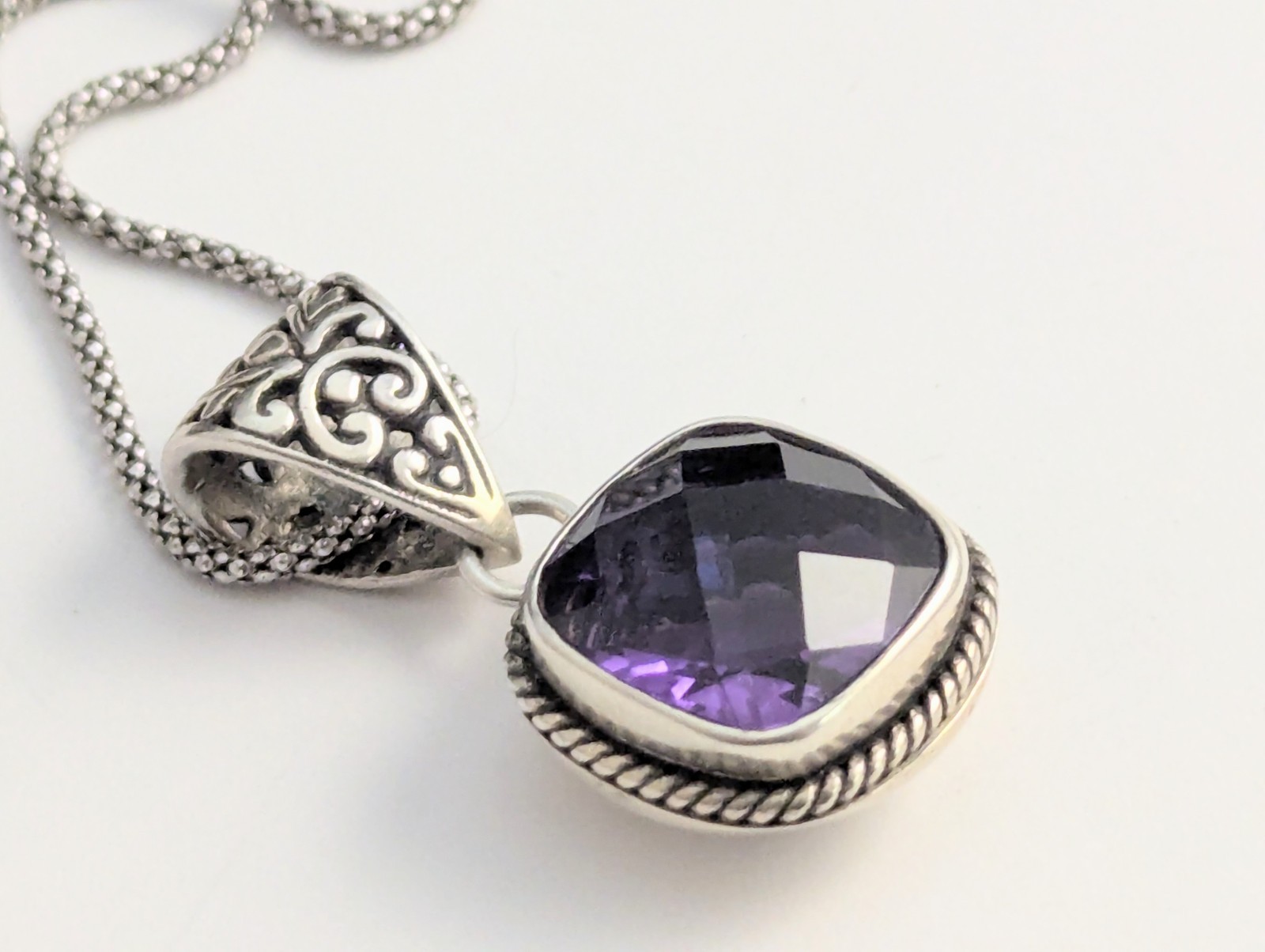 Sterling Silver Cushion Cut Purple Amethyst Filigree Popcorn Link Necklace