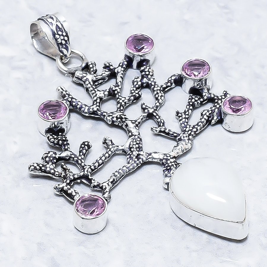 Rainbow Moonstone, Kunzite 925 Sterling Silver Gemstone Pendant 2.76″ NS 23016