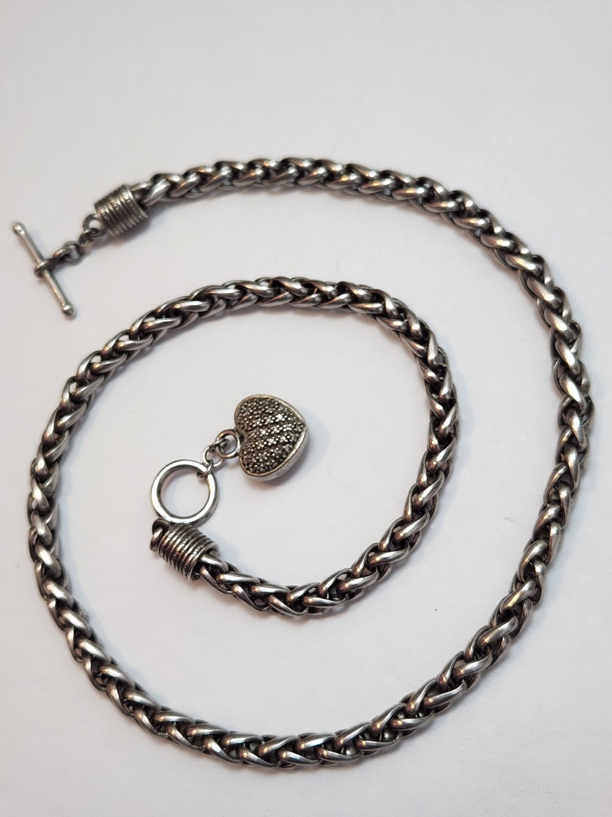HEAVY 46.93g Sterling Silver THICK 18″ Wheat Chain Heart Toggle necklace CHUNKY