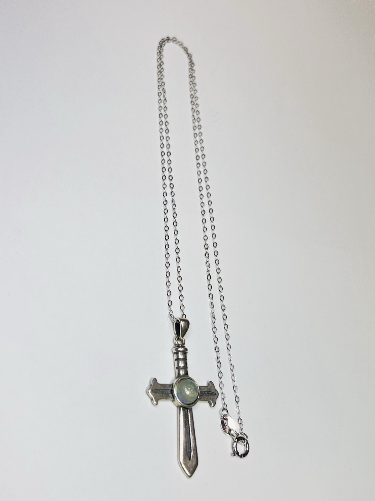 925 Sterling Silver Natural Rainbow Opal Sword Cross Pendant Necklace Unisex Man