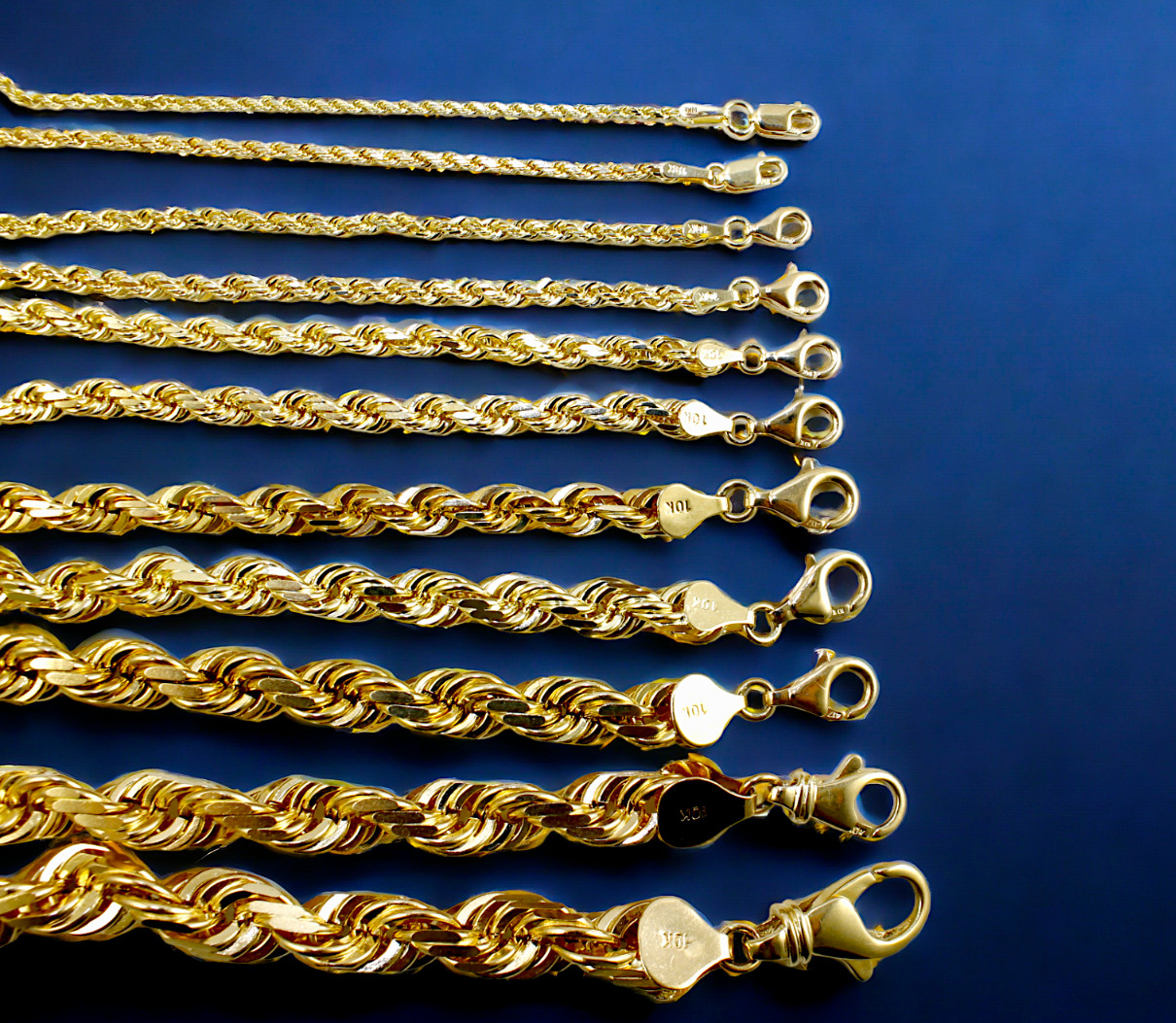 10K Yellow Gold 1mm-23mm Solid Rope Chain Necklace Diamond Cut All Sizes
