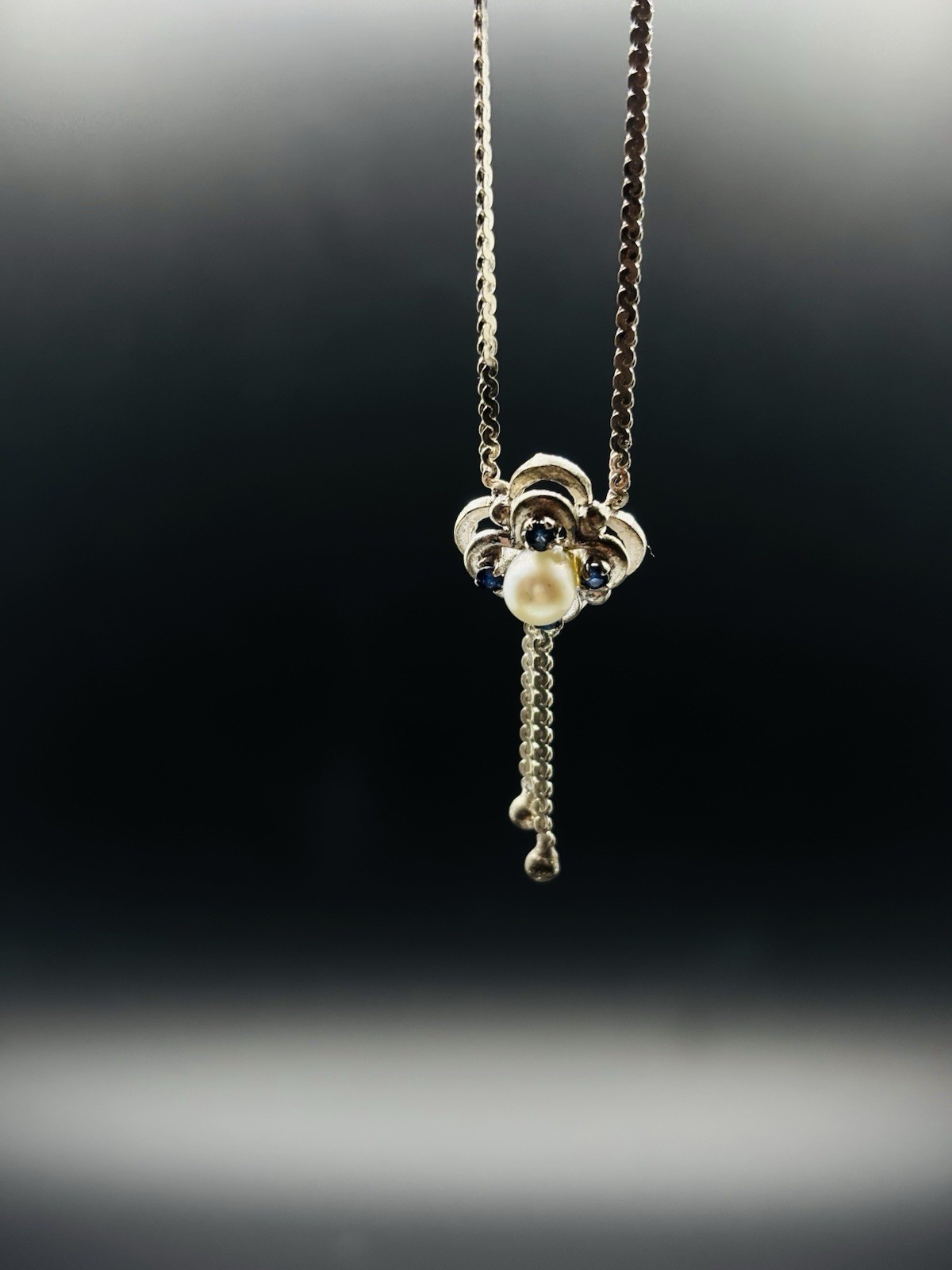 Vintage 835 German Silver Genuine Sapphire & Pearl Pendant Necklace 16.5”