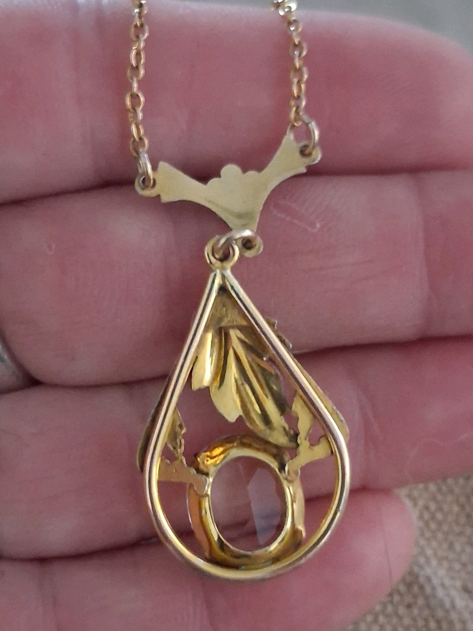 Art Deco 14k & 10k Yellow Gold Citrine Lariat Pendant Necklace 16″