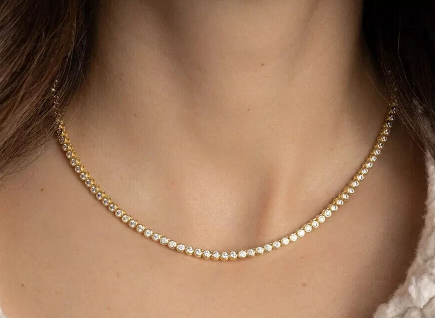 7CT Lab Grown Diamond GDGL Bezel Set Women’s 14K Yellow Gold Tennis Necklace 18″