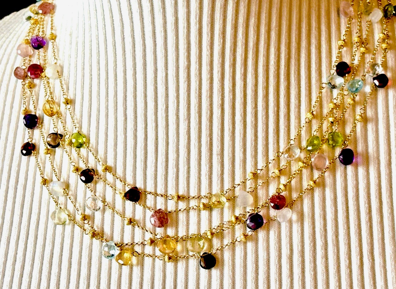 Spectacular Multi-Gem Briolette Vermeil 5 Strand Necklace