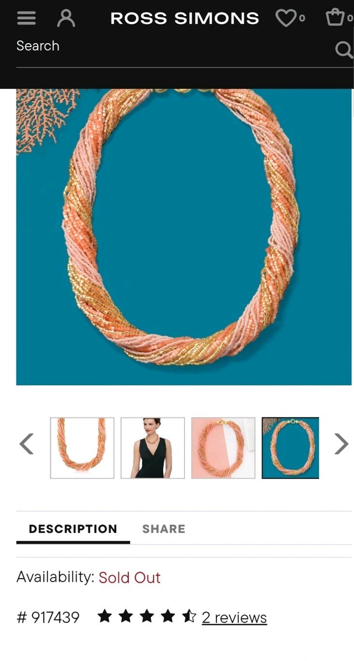 $200 Ross Simons 18k/Sterling Silver Murano Coral Gold multi strand Necklace