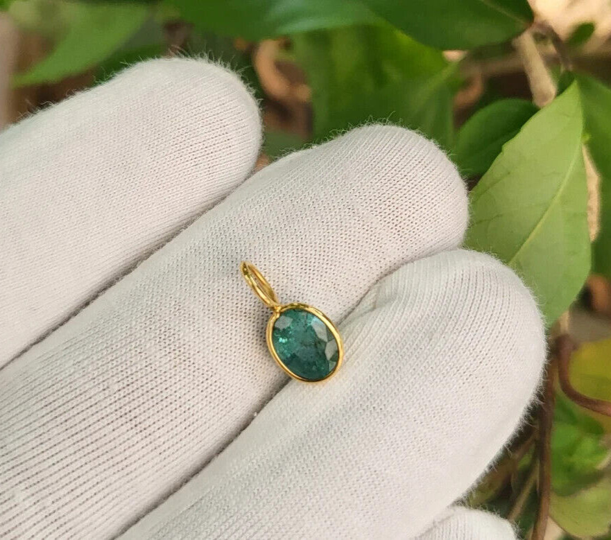Zambian Emerald Oval Pendant, Solid 14k Yellow Gold May Birthstone Charm Pendant