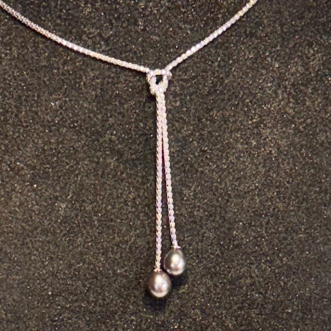 STERLING SILVER necklace two genuine black pearl Y drop tassels popcorn chain
