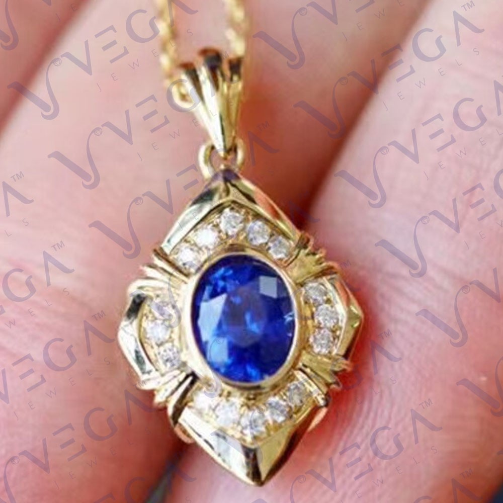 6.00ct Oval Natural Blue Sapphire Diamond Solid 14K Yellow Gold Pendant No Chain