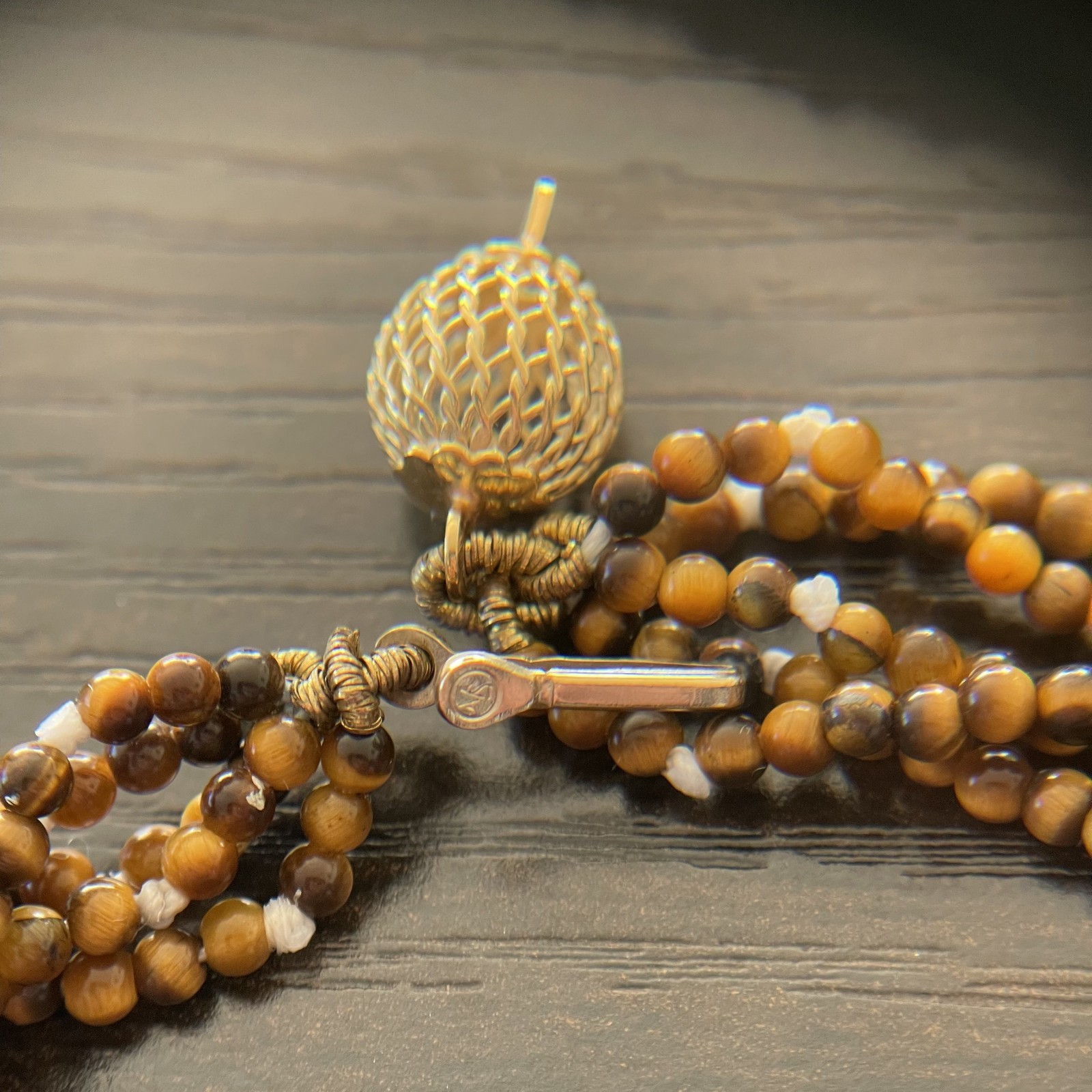 Tiger Eye Bead Necklace 19in 18K Gold Clasp 5 Strand
