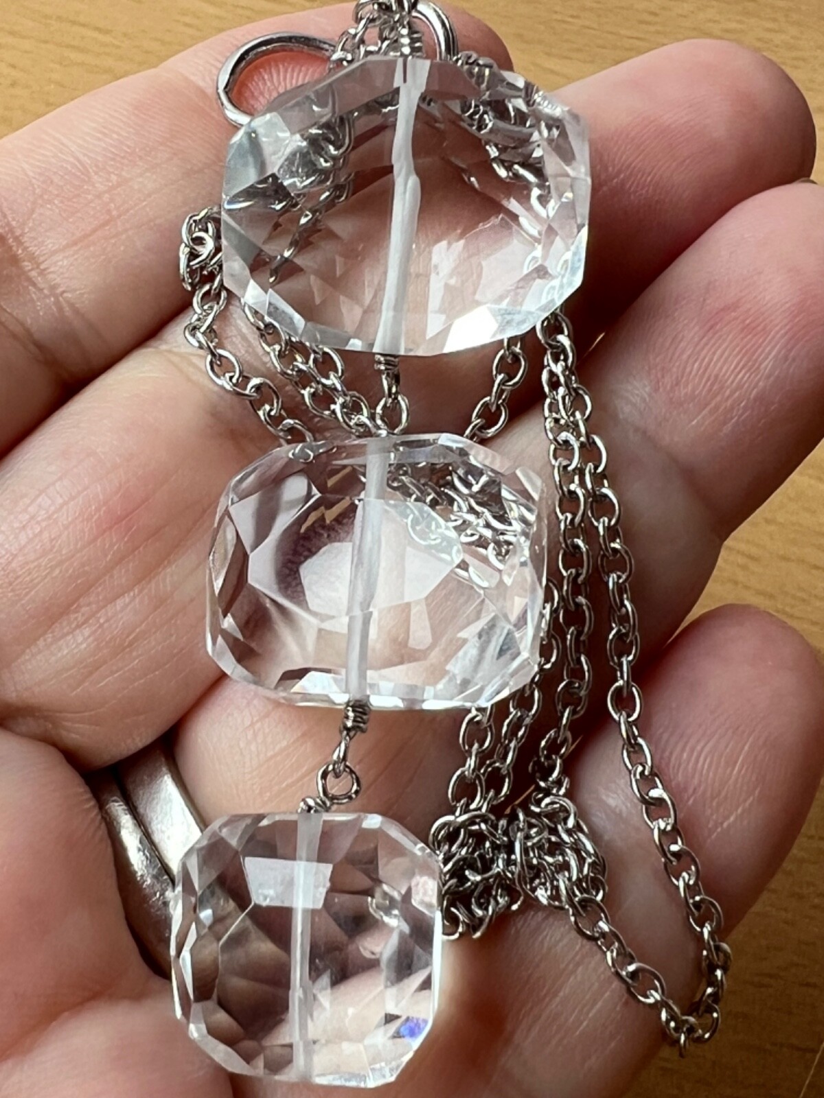 ARTISAN ROCK CRYSTAL CLEAR COLORLESS QUARTZ LONG NECKLACE 925 STERLING DESIGNER