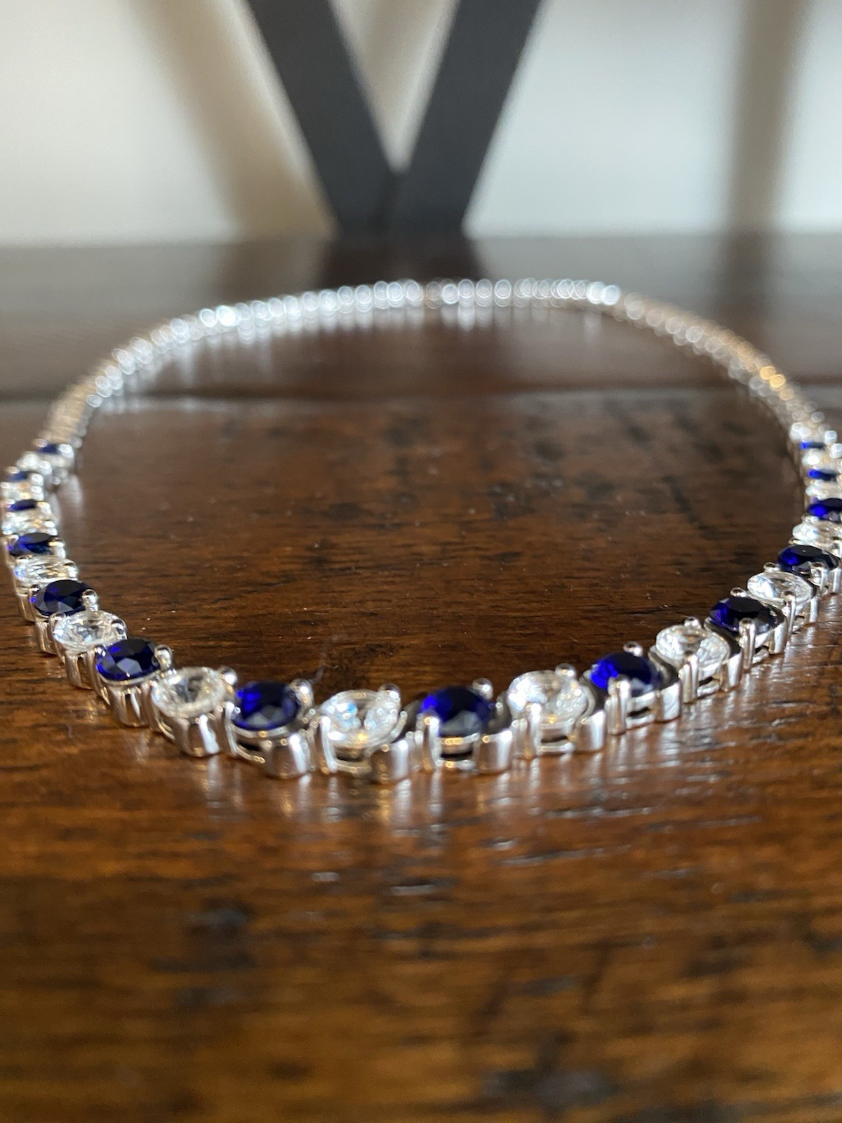 925 Sterling Silver Lab Created Blue & White Sapphire Tennis Necklace Signed EMA