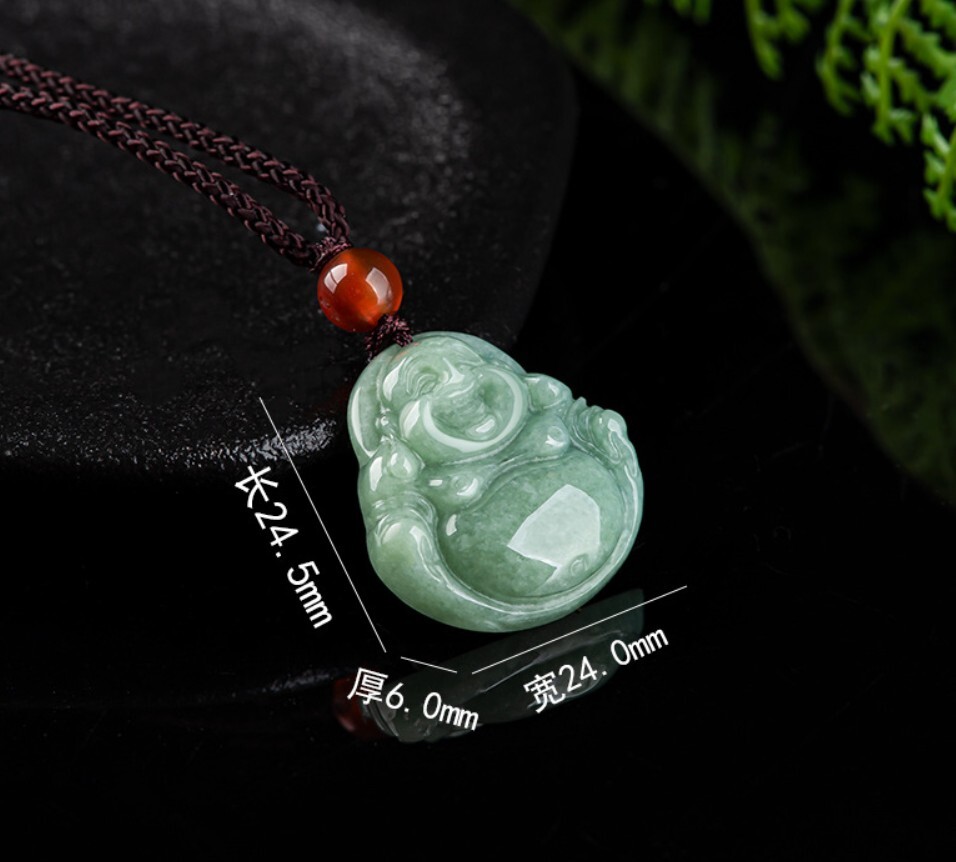 Carved Authentic Burma Green Jade Smile Buddha Pendant Necklace String