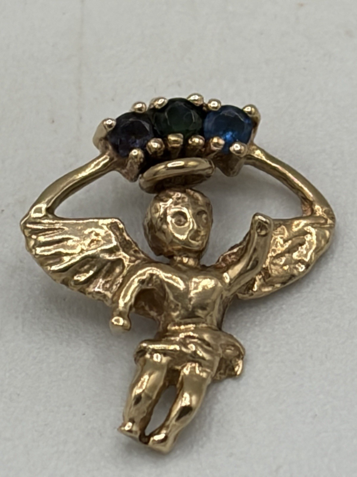 10k Yellow Gold Little Angel Charm Pendant Purple Green Blue Stones 1.8 grams