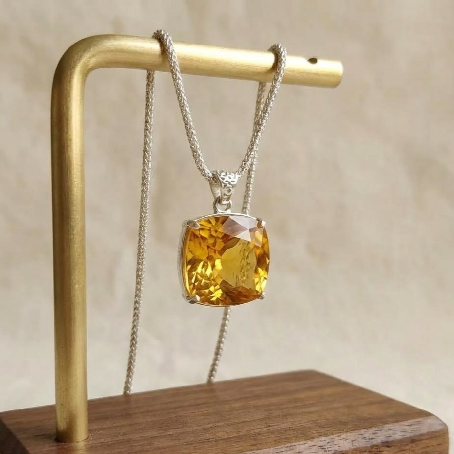 Yellow Sapphire Pendant | 115 Ct Cushion Cut Gemstone on Silver Chain