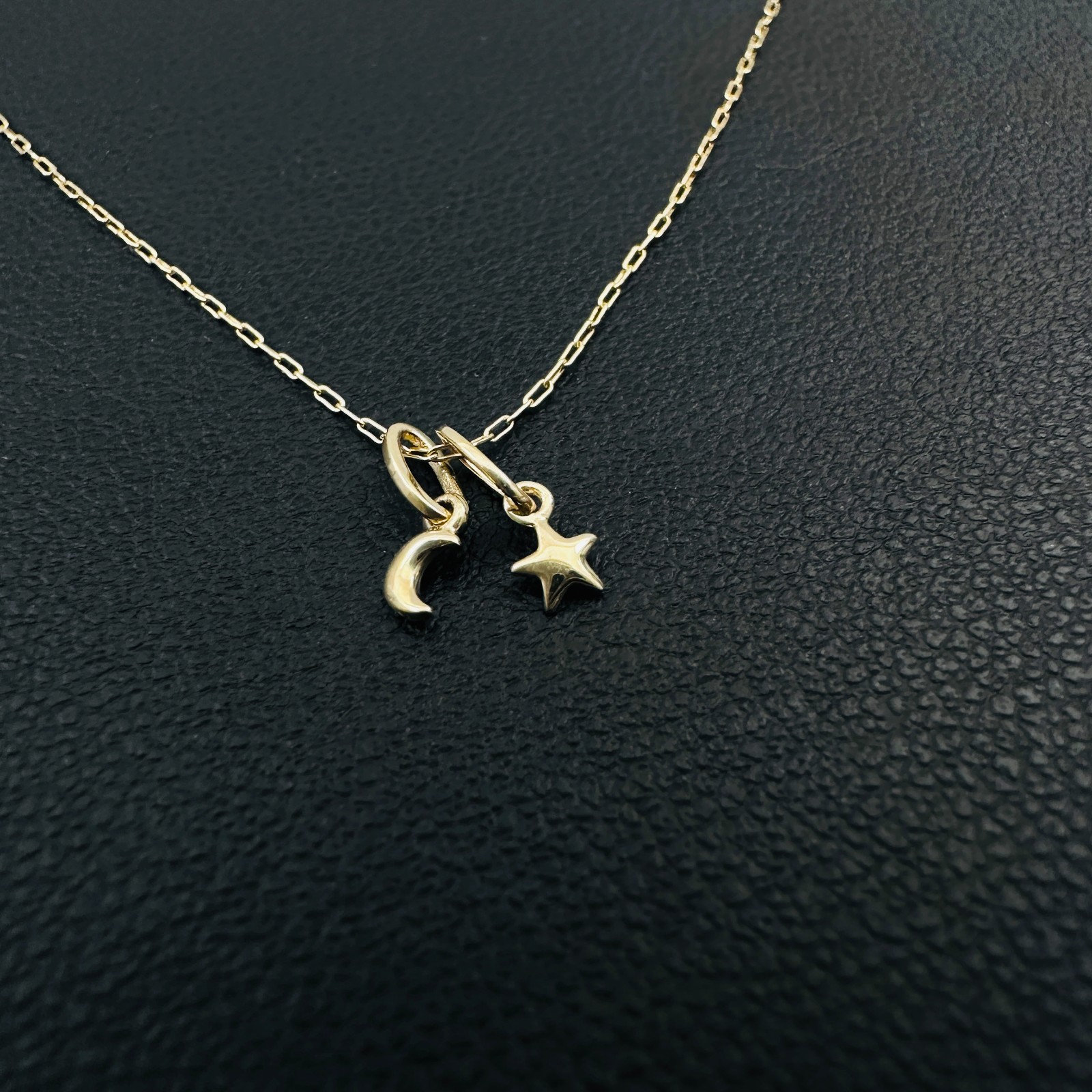 14K Solid Yellow Gold Tiny – Very Small Celestial Star & Moon Charm Pendant LOT