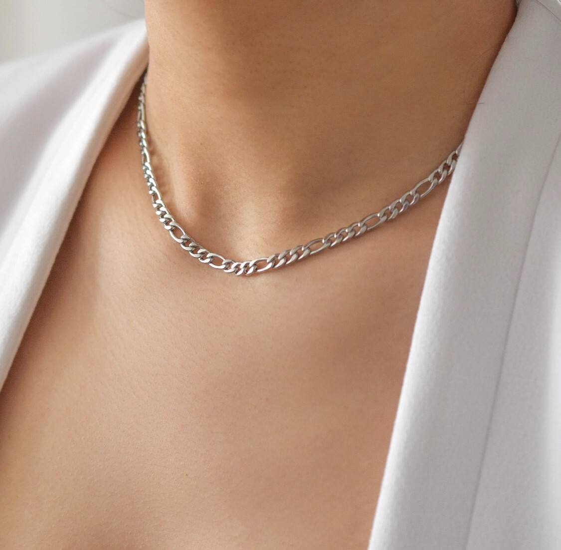 Italian Sterling Silver Figaro Chain Necklace Ladies Choker 925 Silver Chain