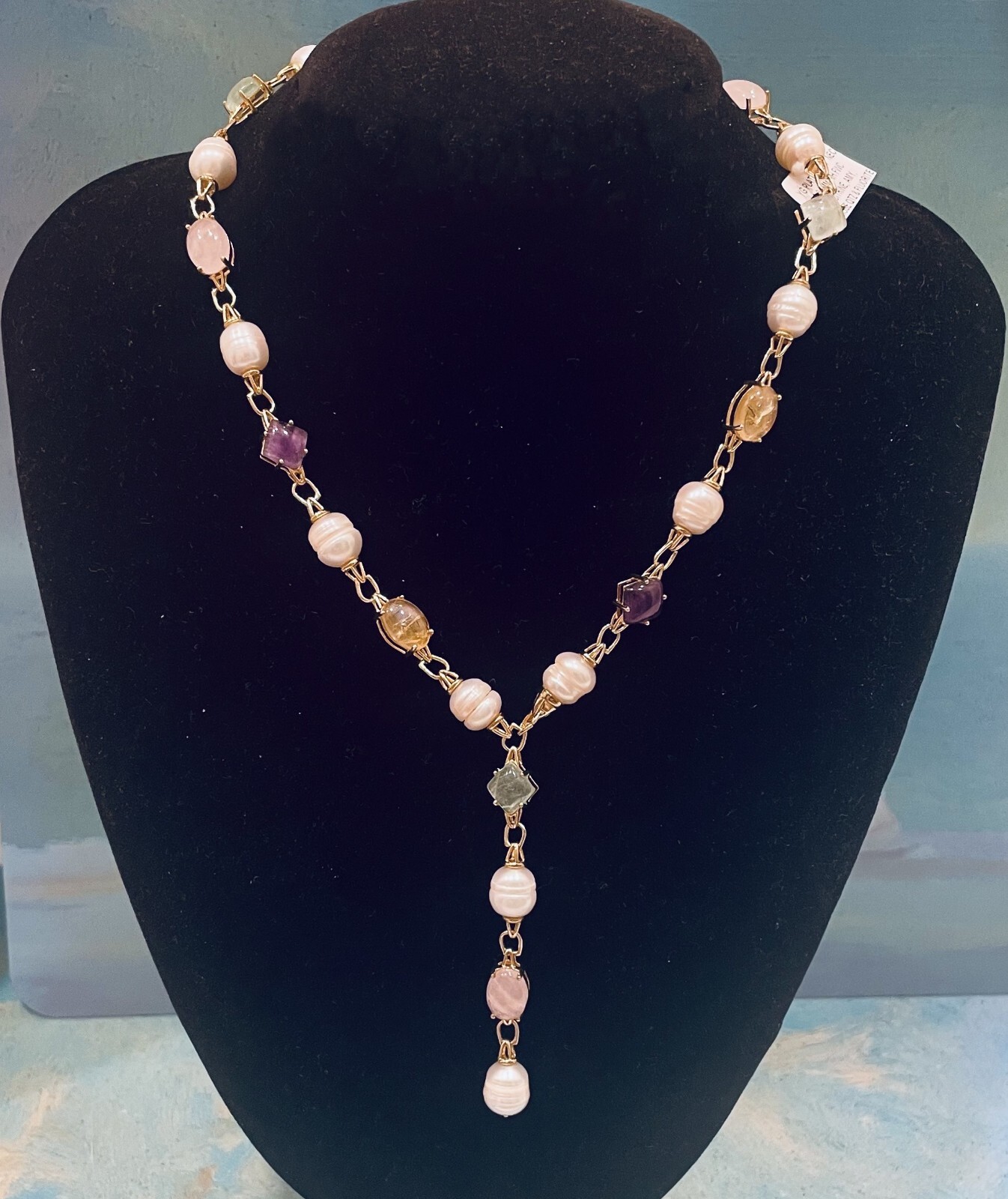 Y/G PLATED STERLING SILVER NECKLACE W/PEARLS & MULTIPLE GEMSTONES -kbc-affordabl