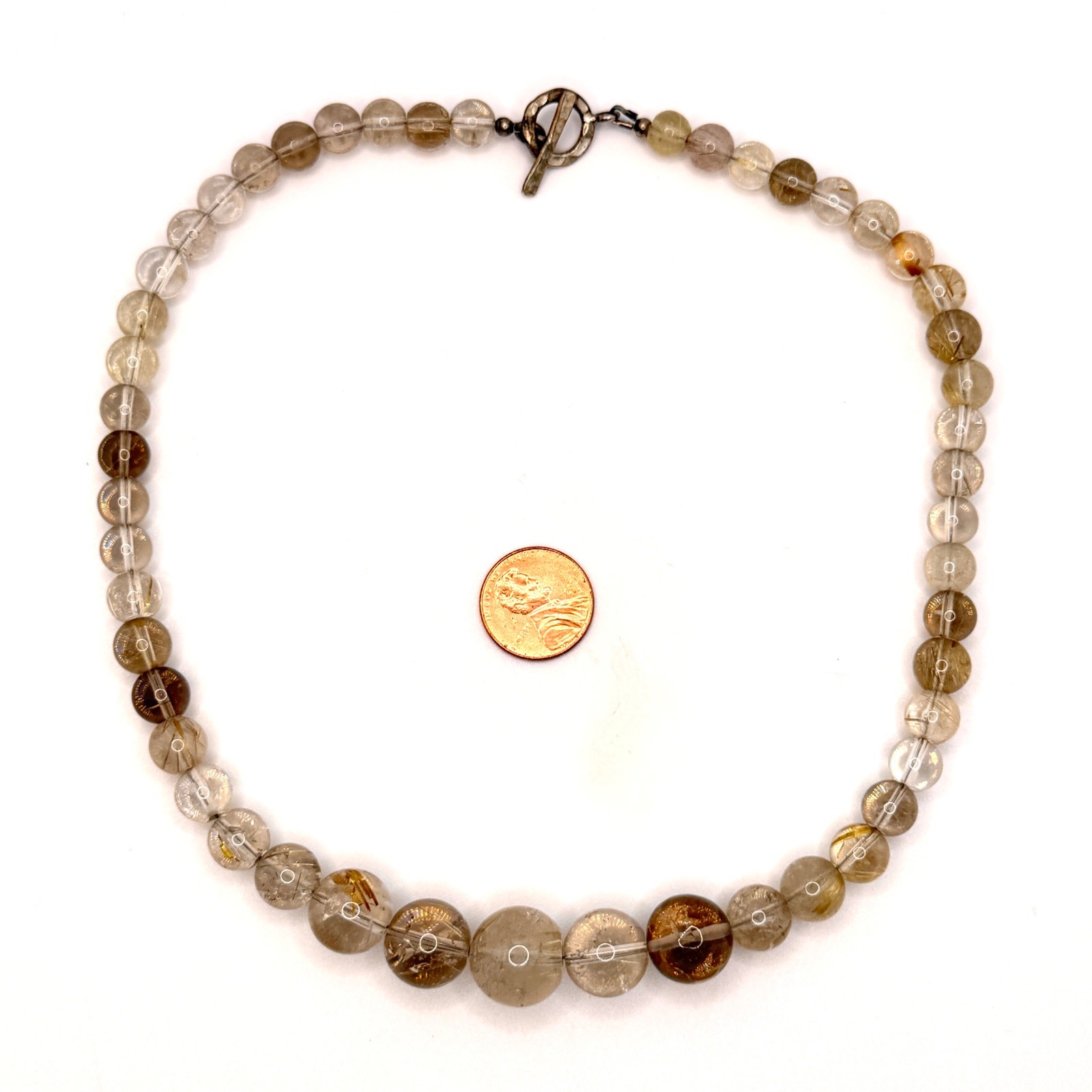 Vintage 90s Rutilated Quartz Graduated Bead Sterling Toggle Necklace