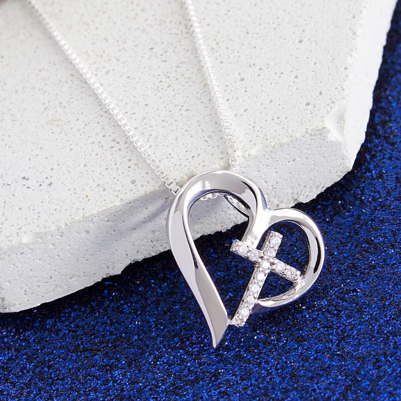 925 Silver 1.00 Ct Lab Created Diamond Cross and Heart Necklace White Gold Over