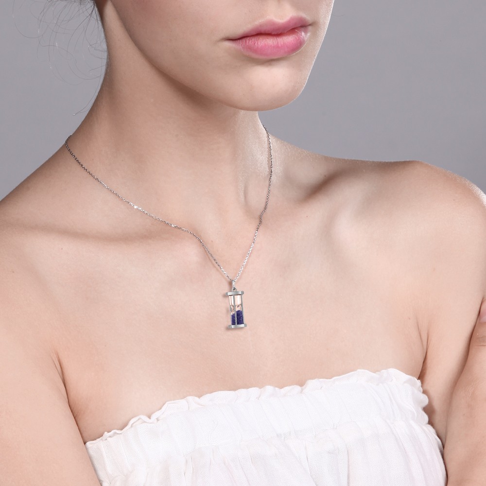 925 Sterling Silver Diffused Sapphire Dust Hourglass Pendant Necklace 0.75 Cttw