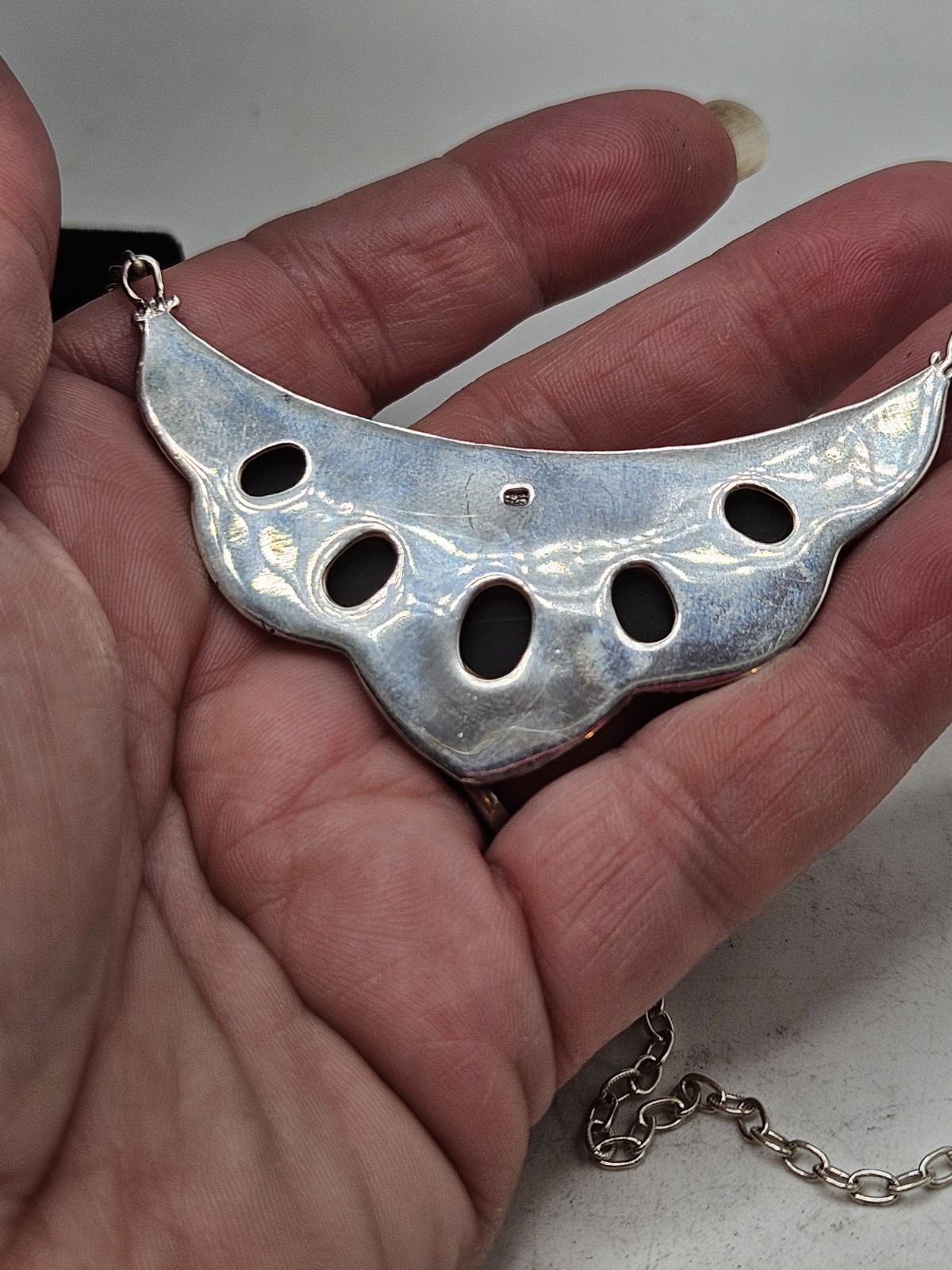 Sterling Silver Bib Style Necklace With 5 Oval Bezel Set Opals. 20″ Marked. 925.