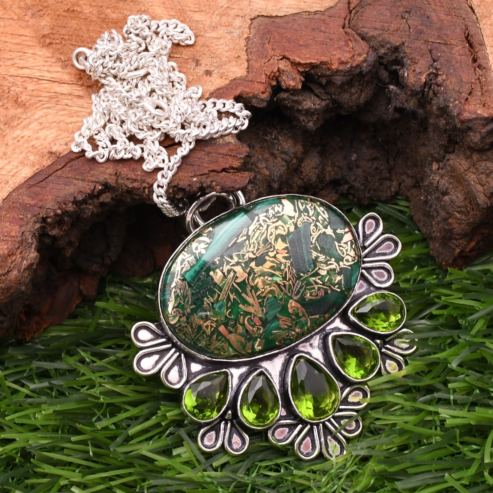 Copper Malachite 925 Sterling Silver Gemstone Handmade Jewelry Pendant 2.15″