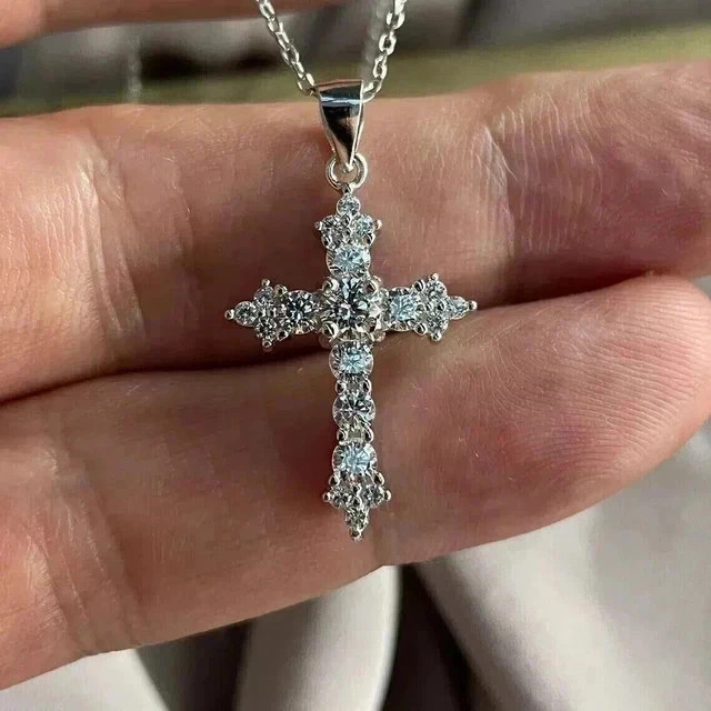 2Ct Round Cut Lab Created Diamond Cross Pendant Necklace 14K White Gold Plated
