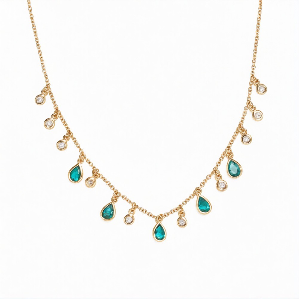 Bezel Setting Natural Emerald & Diamond 18” Station Necklace 14k Yellow Gold