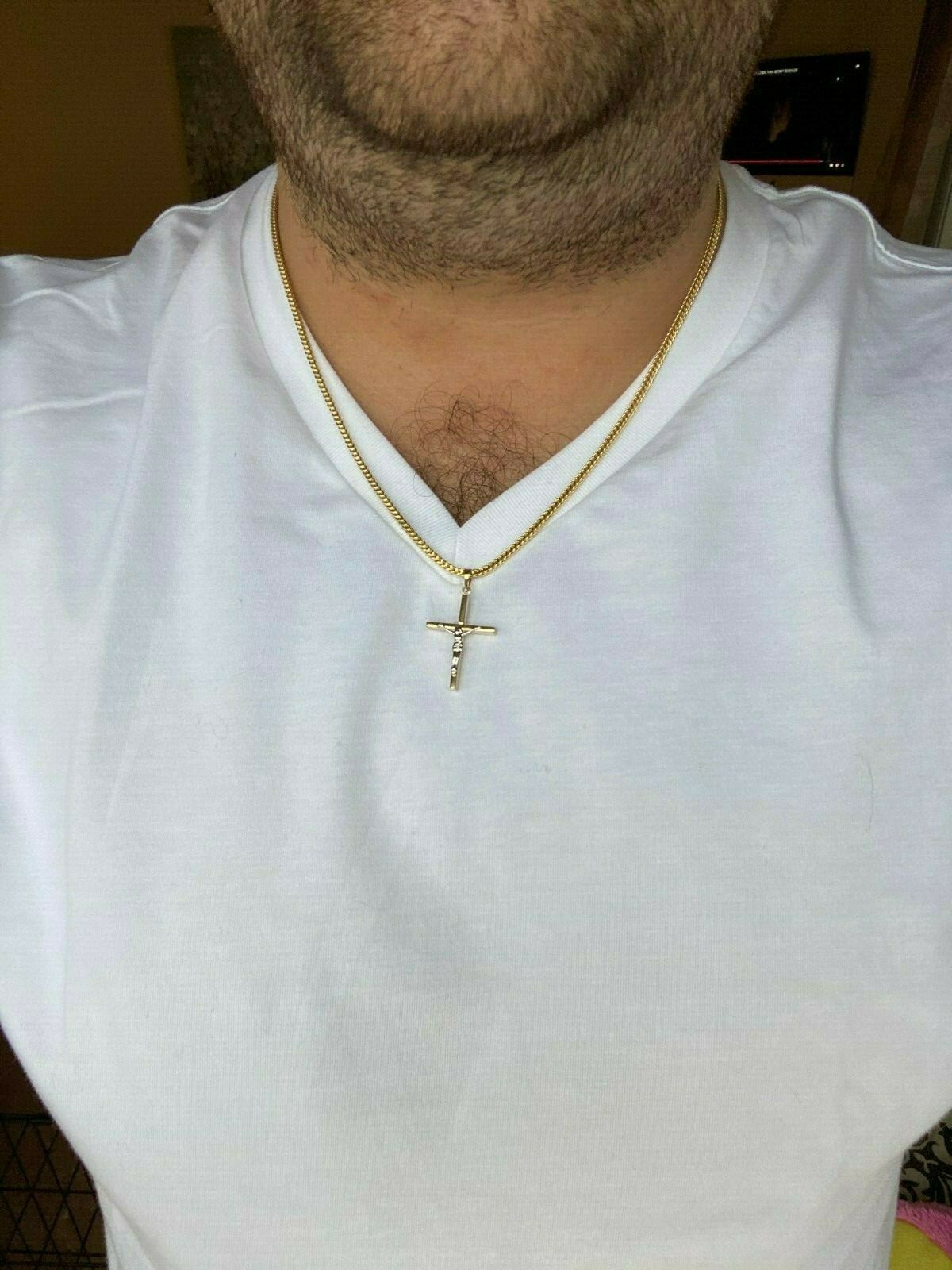 Mens Solid 14k Yellow & White Gold Cross W. Jesus Pendant 1.25″ 1.2gr Necklace