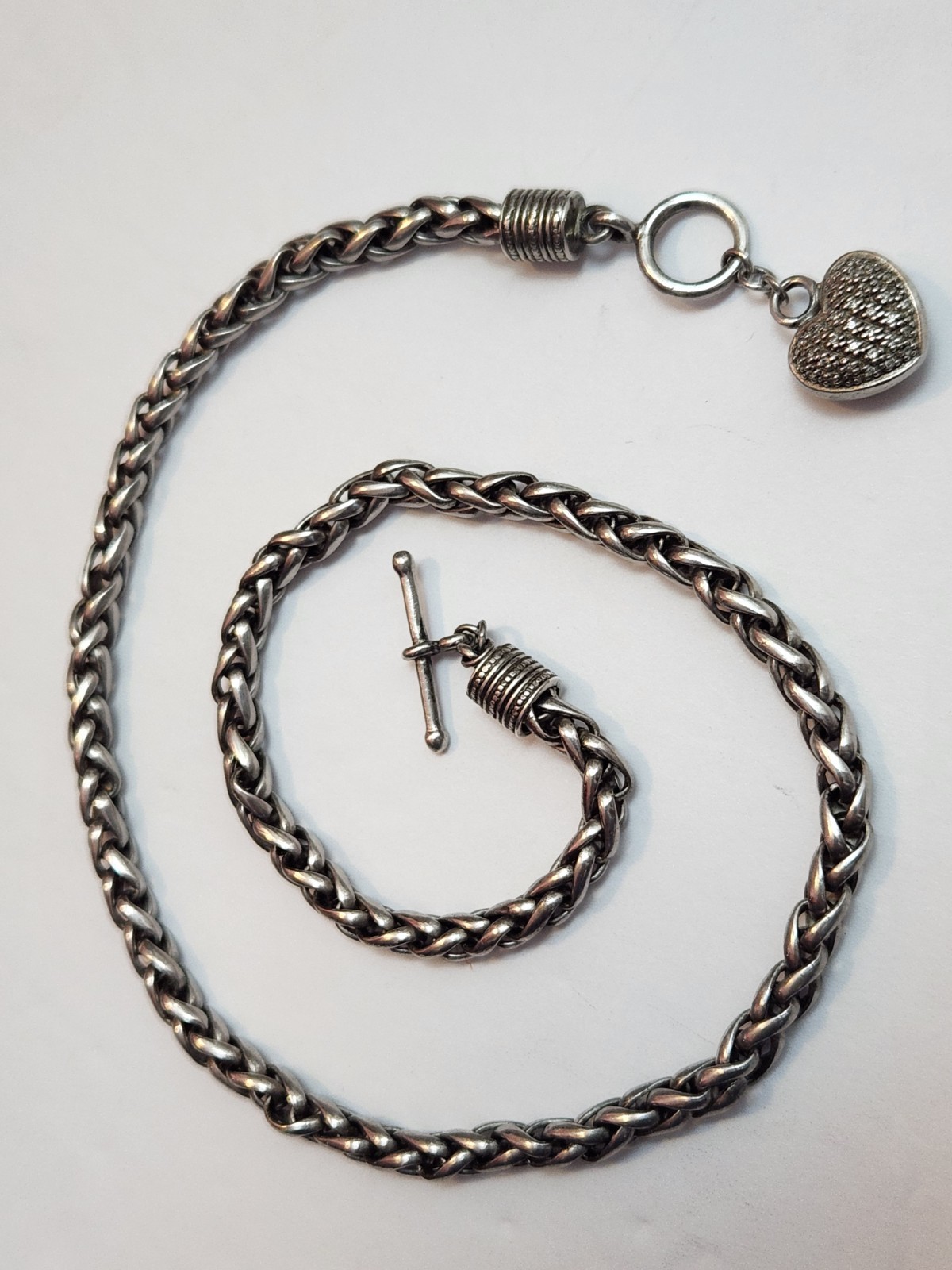 HEAVY 46.93g Sterling Silver THICK 18″ Wheat Chain Heart Toggle necklace CHUNKY