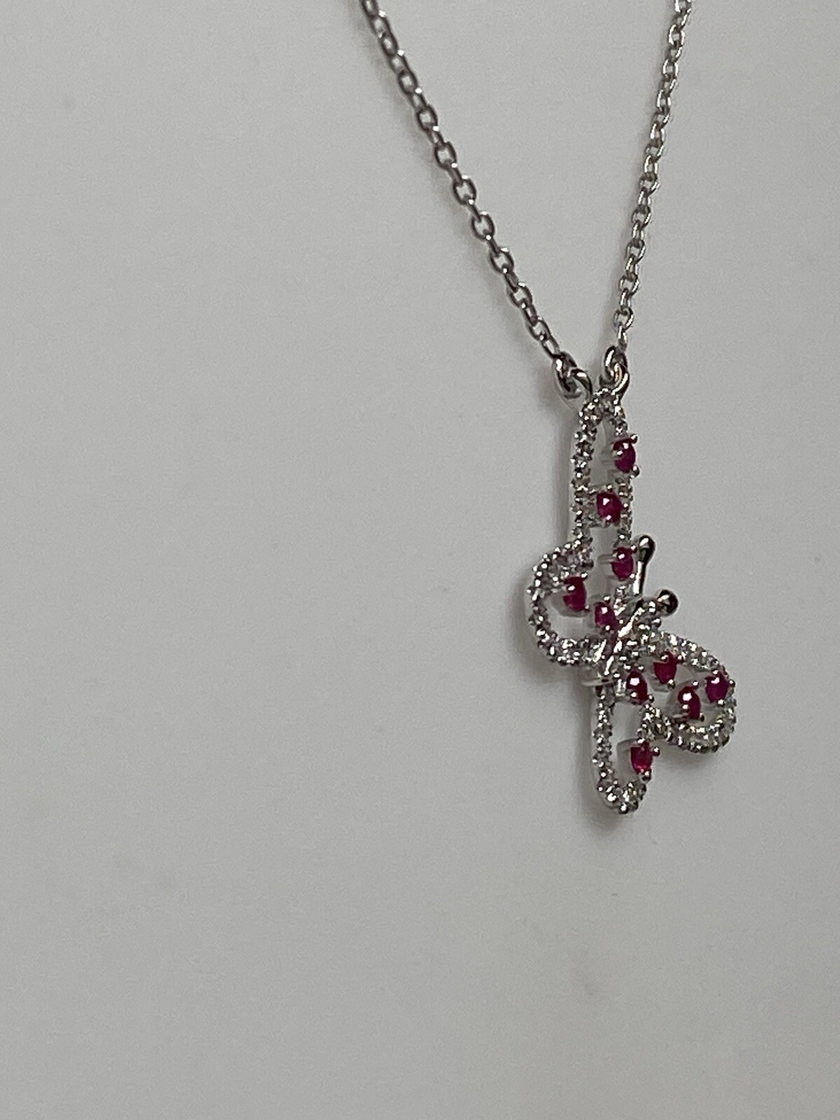 10K White Gold Natural Ruby and 0.20ct Diamond Butterfly Pendant and Chain NEW