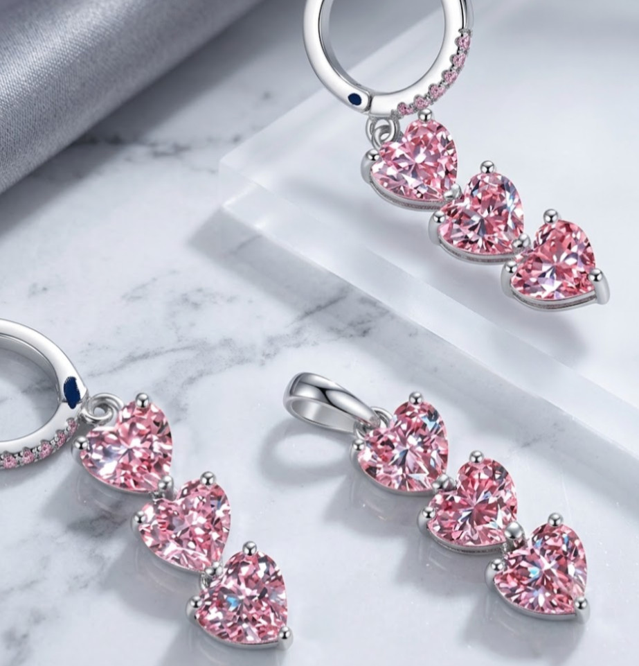 925 Silver, Pink Diamond Pendant & Dangler Jewelry Set, 18 Ct Certified Treated