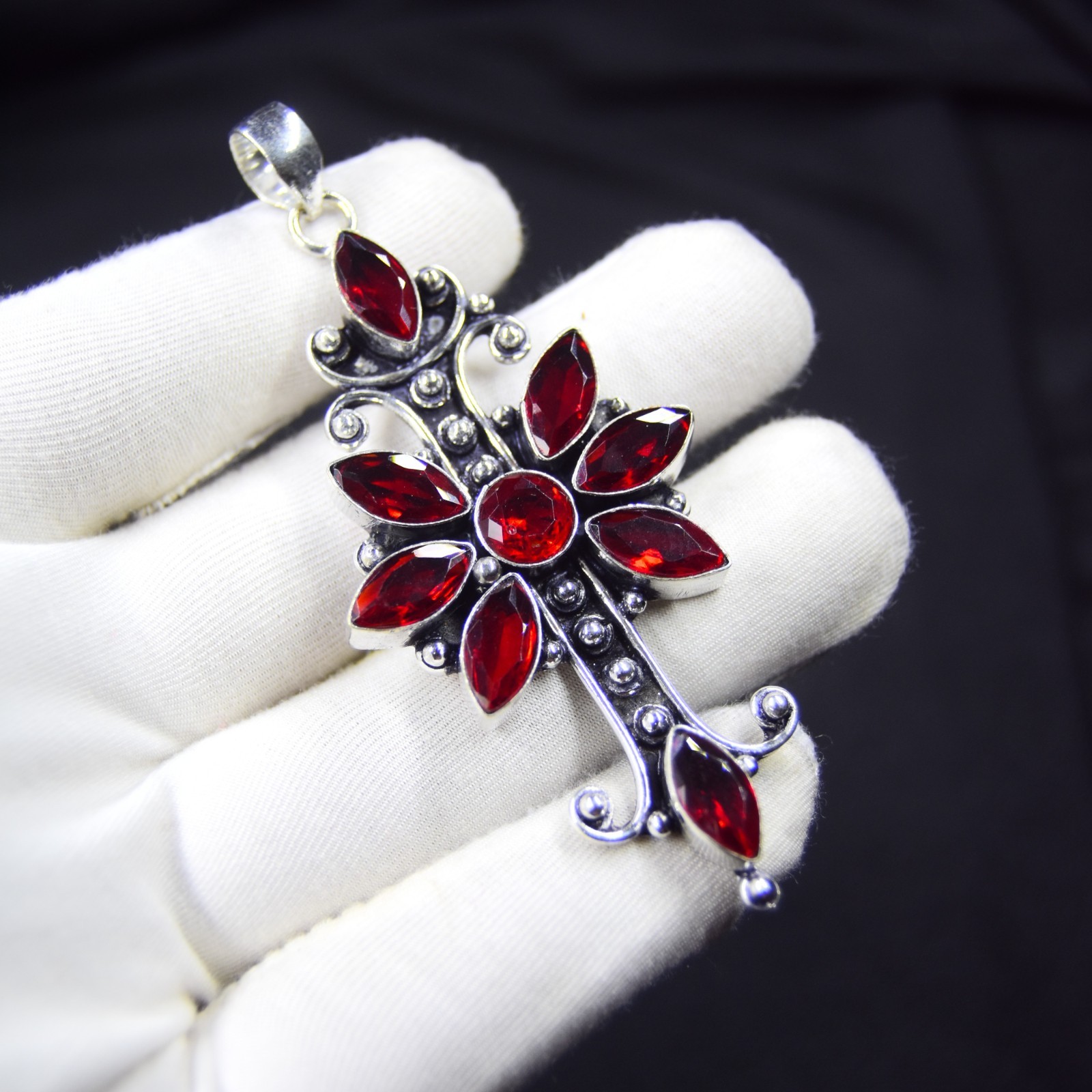 Red Garnet Gemstone Gothic Style Pendant 925 Sterling Silver Jewelry Necklace