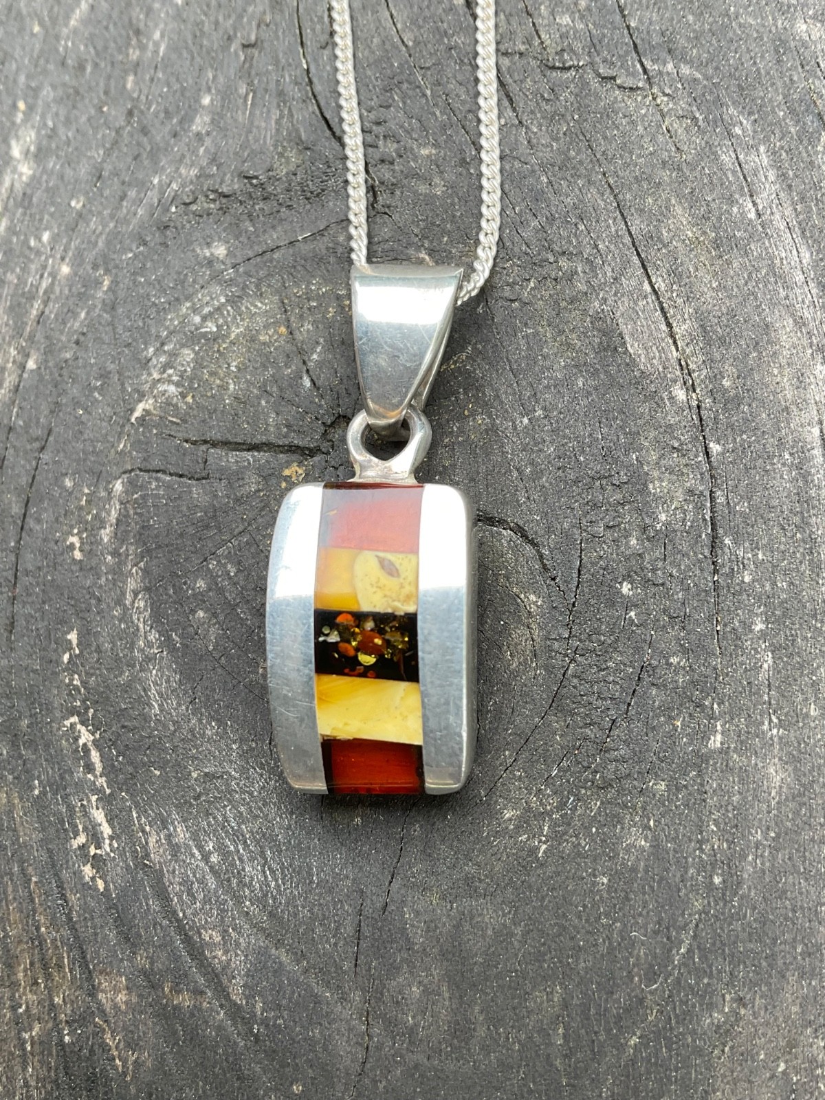 Sterling Silver Modernist Inlaid Baltic Milky Red Amber Pendant And Chain