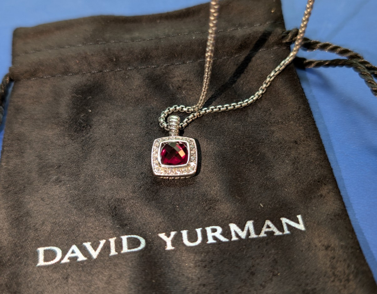 David Yurman Garnet & Diamonds Petite Albion Pendant Necklace Sterling Silver