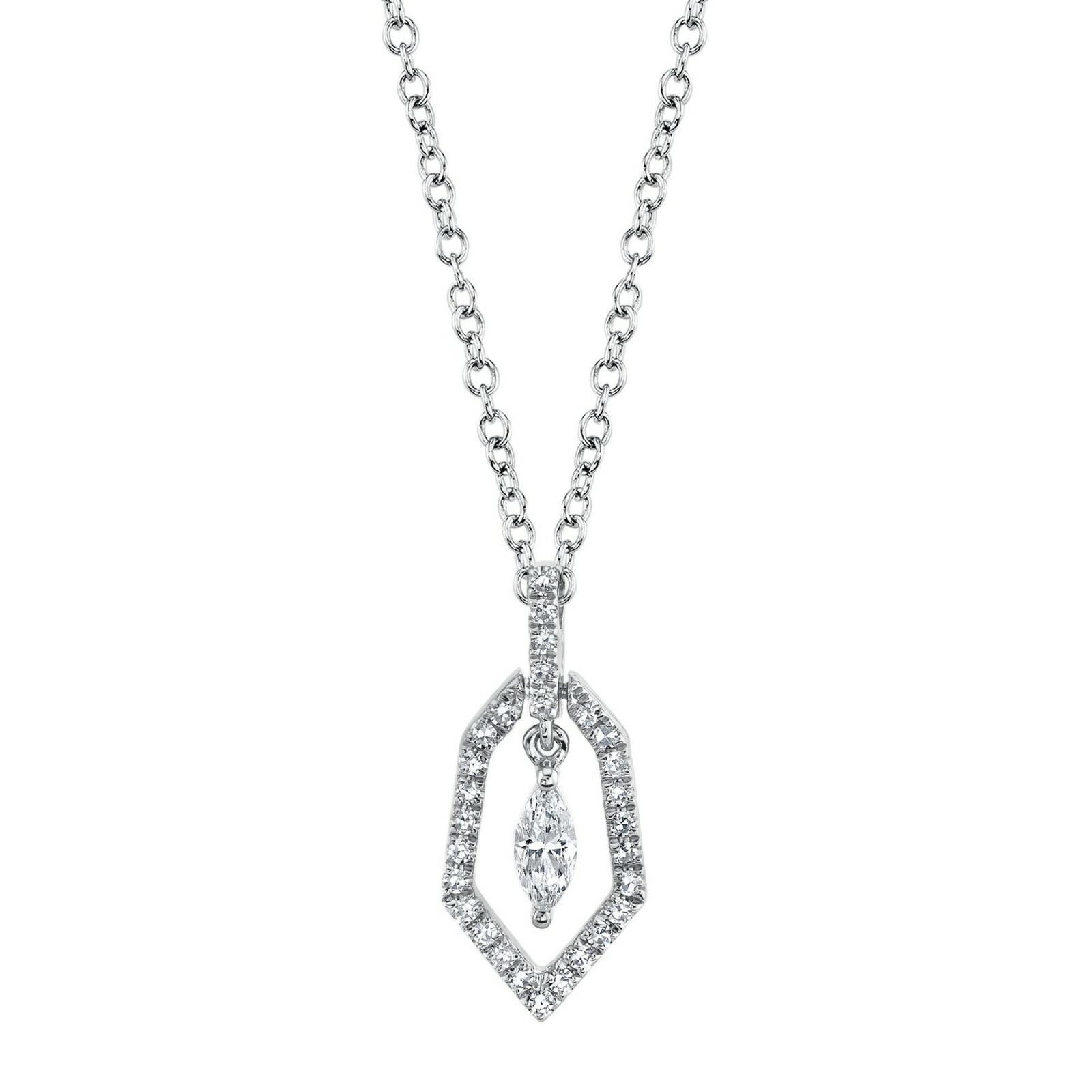 14K White Gold Marquise Diamond Dangling Hexagon Pendant Necklace Natural 0.17CT