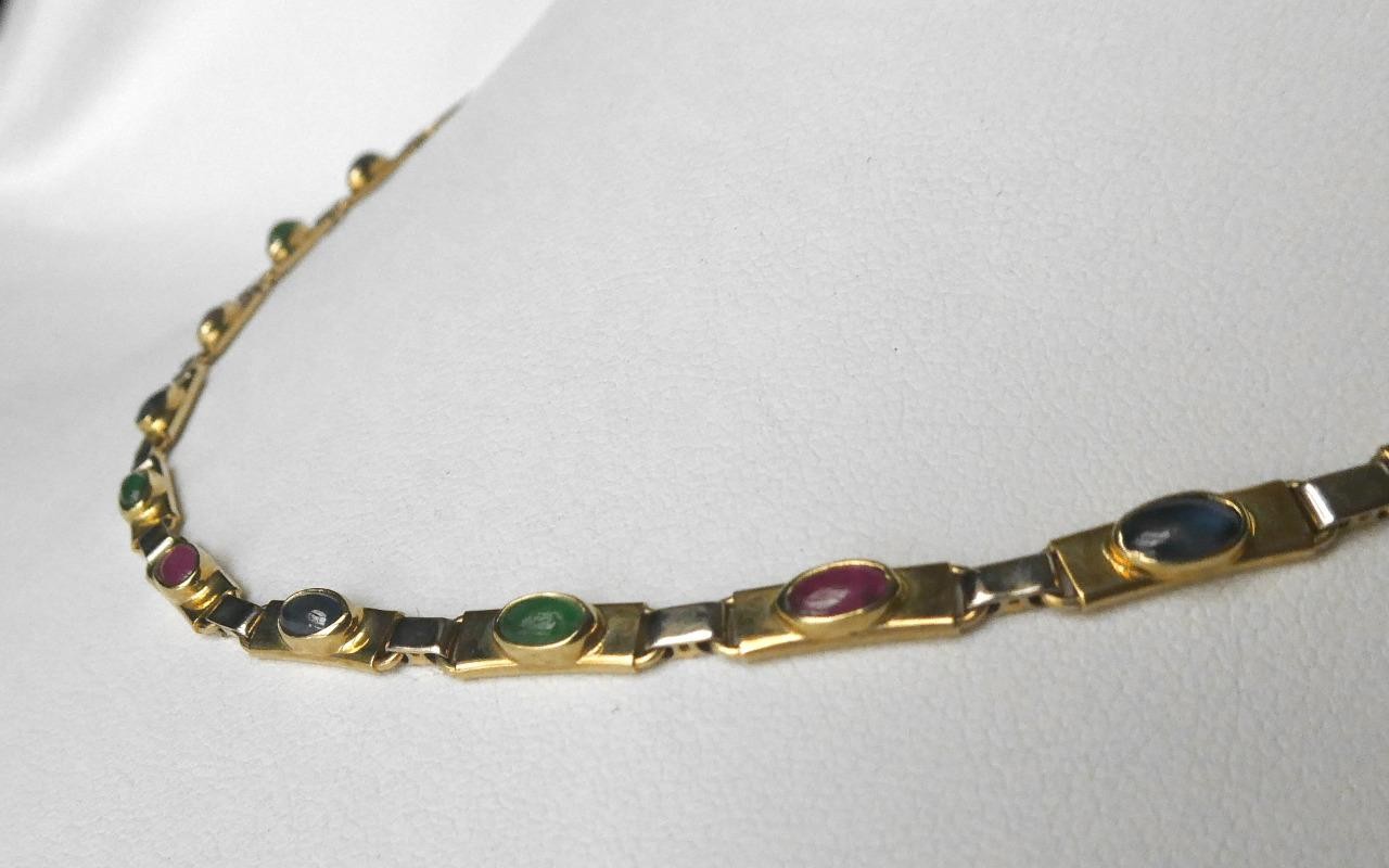 14k Gold Emerald Ruby Sapphire Multi Gems Cabochon Necklace Italy 14.3gr 17.5″