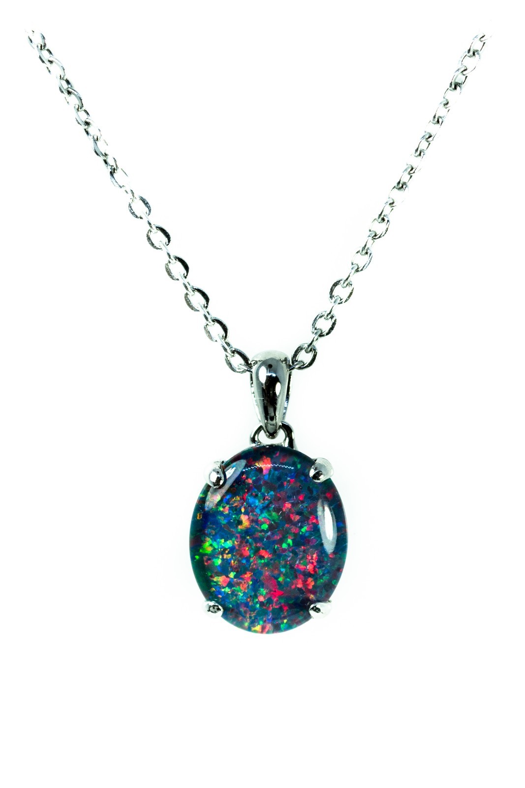 Simple Pinfire Australian Triplet Opal Necklace Pendant White Gold Plated Silver