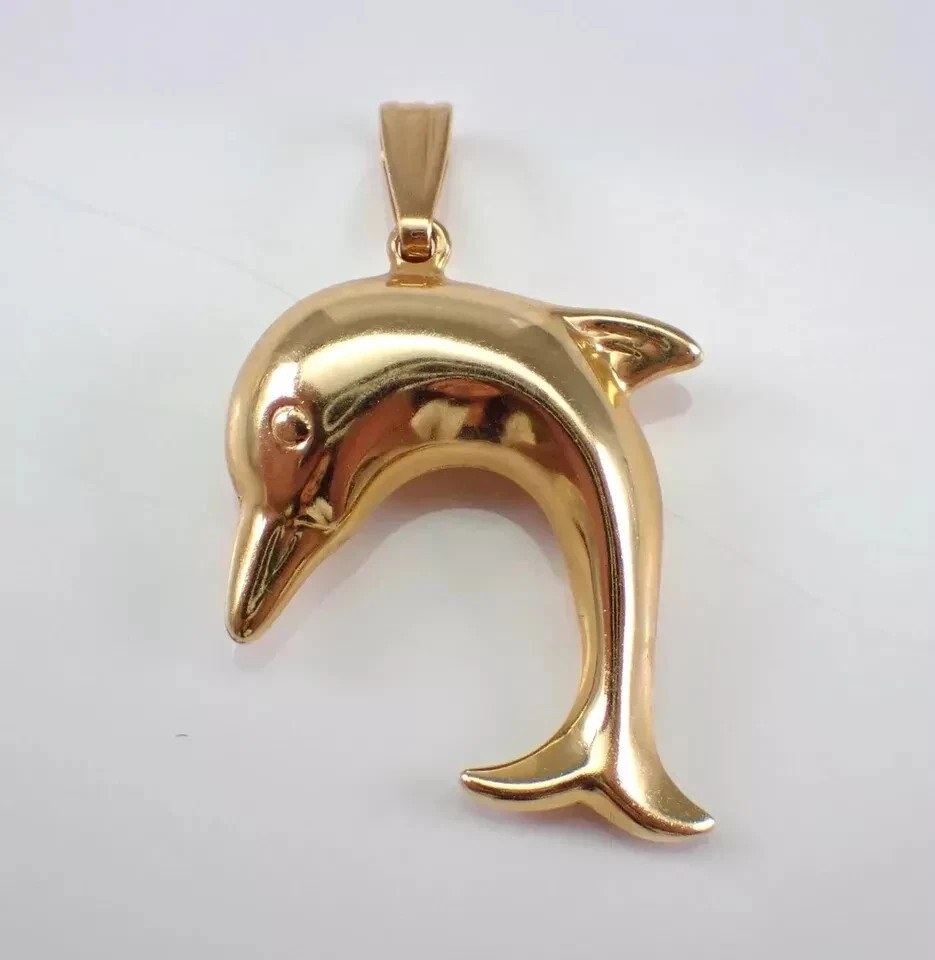 Vintage Dolphin Charm Pendant 14K Yellow Gold Plated Silver Free 18″ Chain