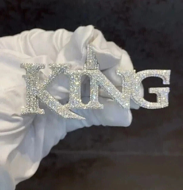 2.80Ct Round Cut Real Moissanite Men’s King Letter Pendant 14K White Gold Plated