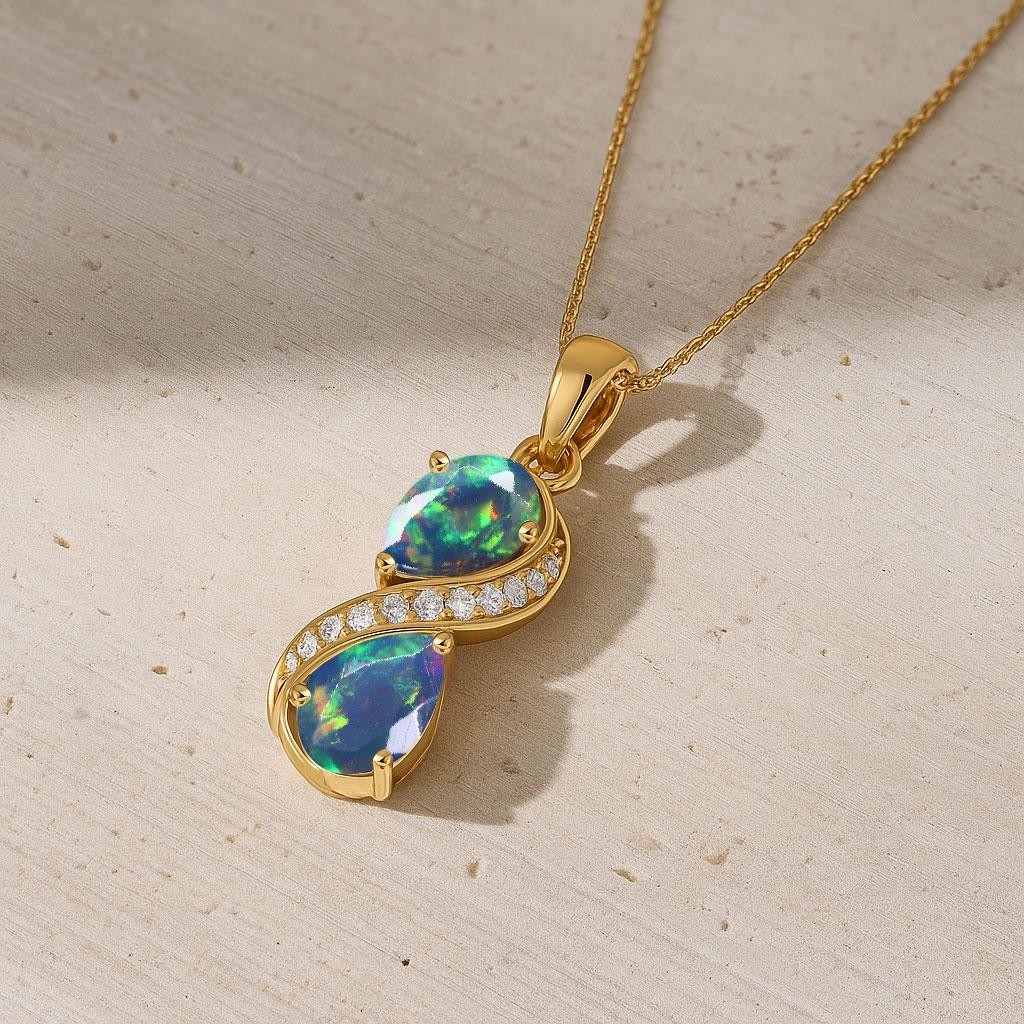 Black Opal Dual Pear Gemstone Charm Gold Pendant, Natural Opal Chain Pendant