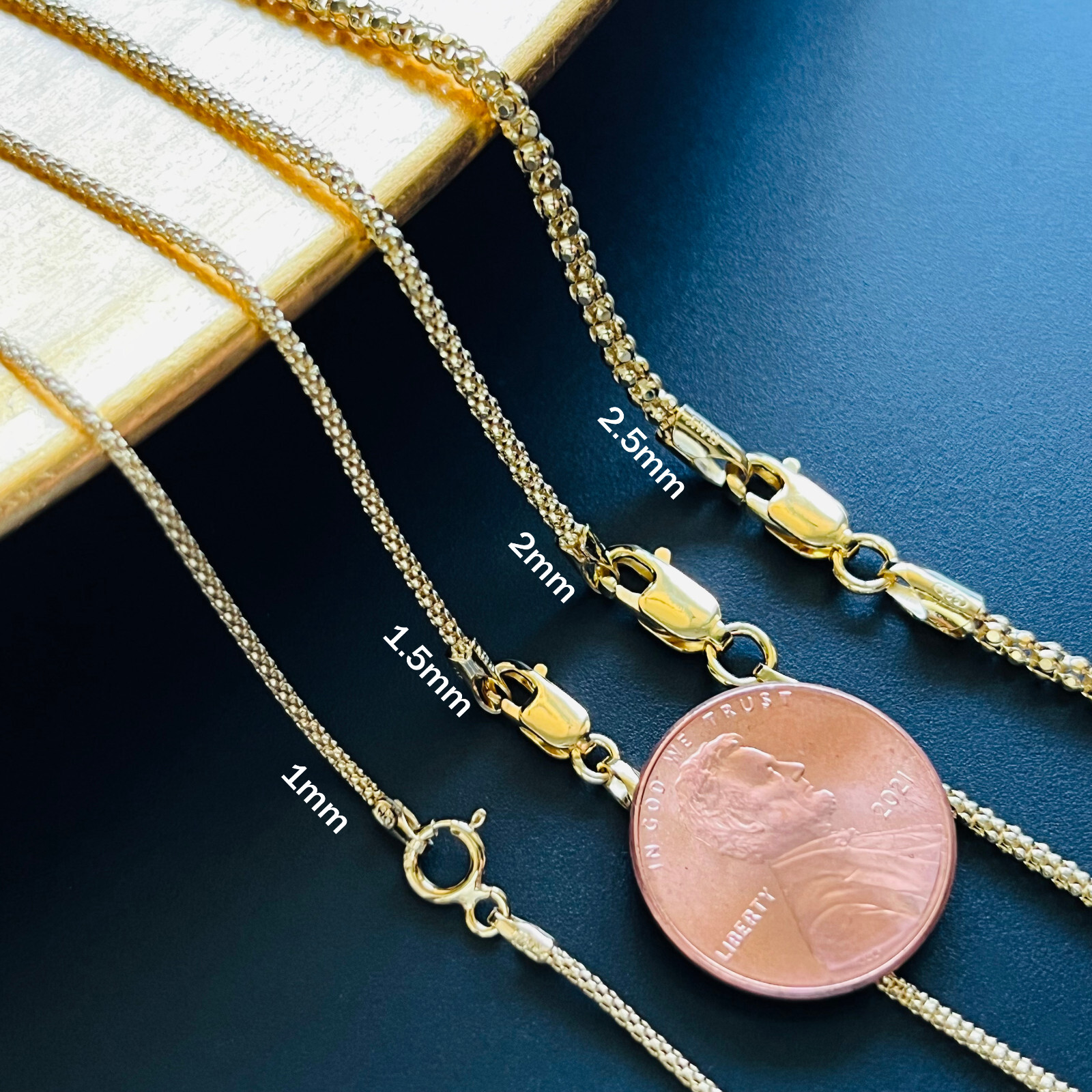 925 Sterling Silver Gold-Plated Diamond Cut Popcorn Chain Necklace Italy