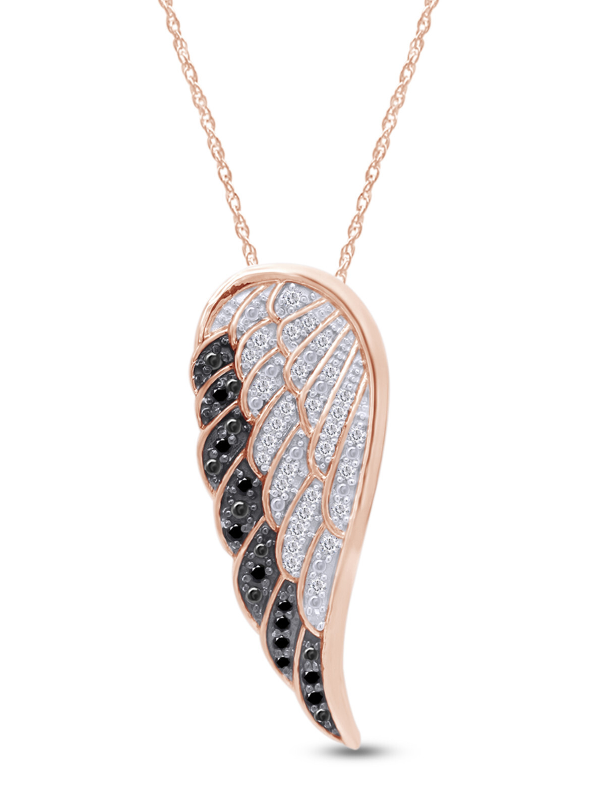 1/3ct White & Black Real Diamond Angel Wing Pendant Necklace 14K Gold, 18″ Chain