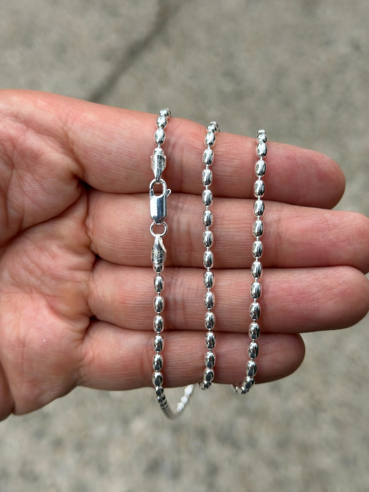 Rice Bead 3mm Sterling Silver Italian Chain 16” Through 24” Inch