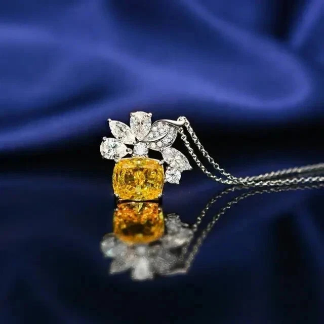 2.1CT Cushion Cut Lab Created Citrine Women Chain Pendant 14k White Gold Plated