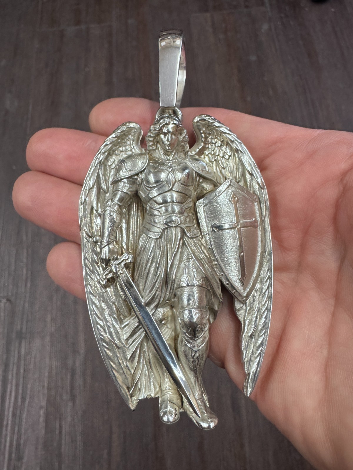 Saint Michael Warrior Angel 4″ Large Heavy Charm Pendant 108.5gm Silver .925